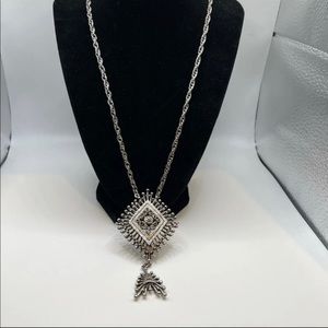 Vintage Silver Tone Filigree Statement Necklace Ornate Geometric Pendant Boho